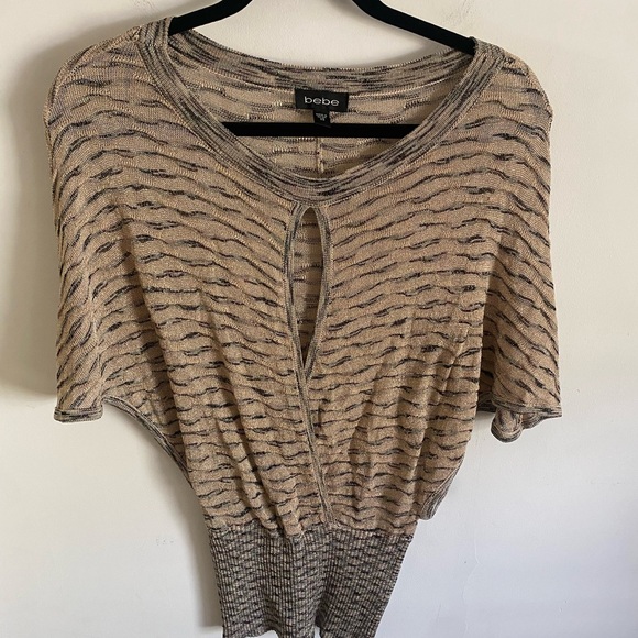 bebe Sweaters - Bebe‎ Beige and Black Patterned Sweater With Metallic Threads Going Out Top